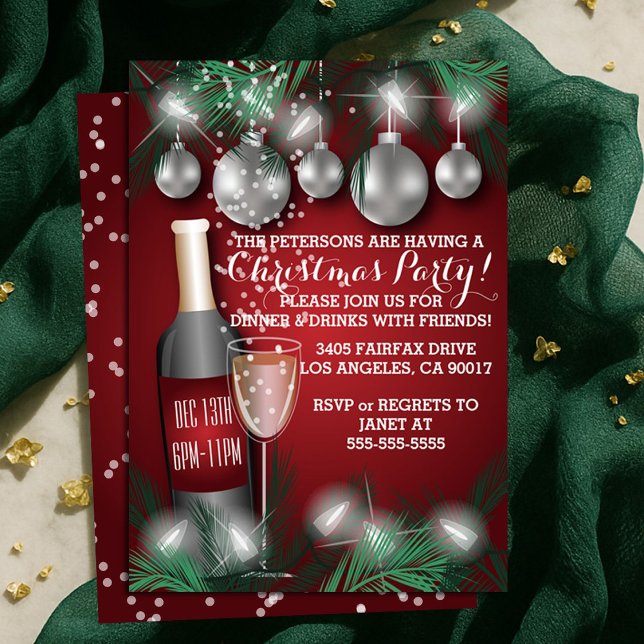 Invitation Vins et ornements Fête de Noël Rouge (Wine and Ornaments Red Christmas Holiday Party Invitation)