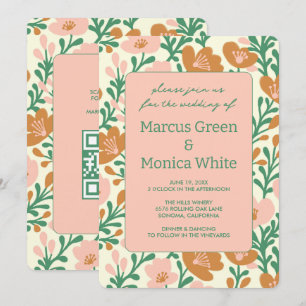 Invitation Vins fleur sauvage rose vert personnalisé QR Code