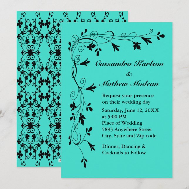 Invitation Vins Floral Noir Turquoise ou Couleur Choix Mer (Devant / Derrière)
