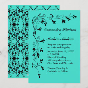 Invitation Vins Floral Noir Turquoise ou Couleur Choix Mer