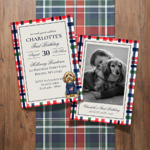 Invitation Vintage Americana Plaid Doodle Chien Premier anniv