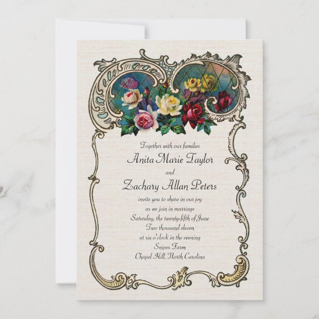 Invitation Vintage avec cadre et roses (Devant)