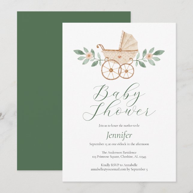 Invitation vintage Baby shower aquarelle (Devant / Derrière)