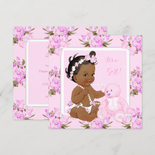 Invitation Vintage Baby shower Floral Fille Ours Rose Ethniqu