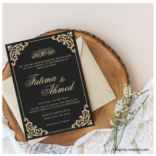 Invitation Vintage Baroque Black Gold Script Mariage musulman