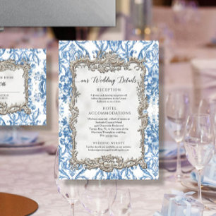 Invitation Vintage Baroque Bleu Blanc Floral Détails Argent