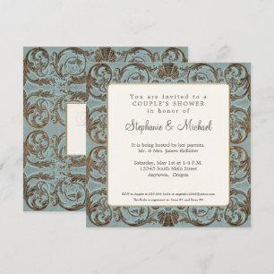 Invitation Vintage baroque Elégant Couples Douche Bleu et Or