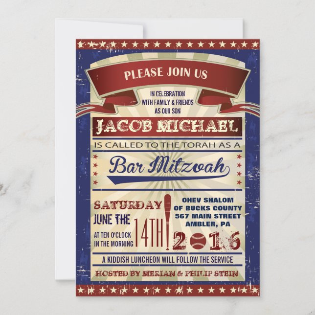 Invitation VINTAGE BASEBALL Bar Mitzvah (Devant)
