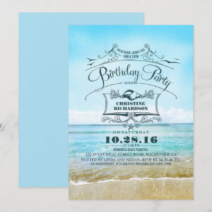 Invitation Vintage Beach Ombre Blue Sea Anniversaire