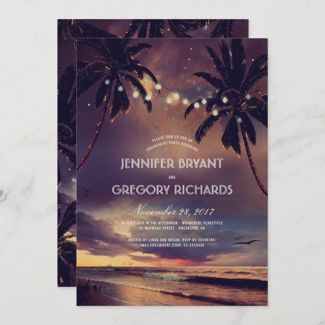 Invitation Vintage Beach Sunset Palm Lights (Devant / Derrière)