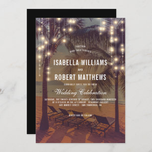 Invitation Vintage Beach Sunset & String Lights Mariage