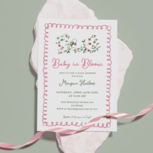 Invitation Vintage Bébé Floral Rouge En Fleur Baby shower Fil