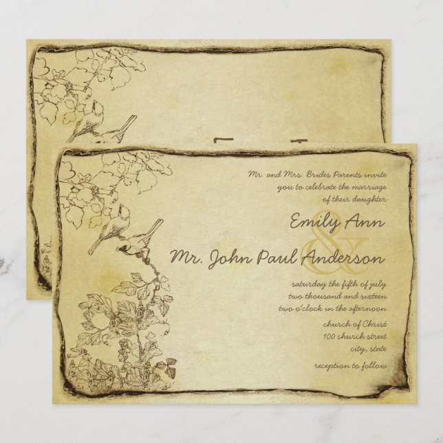 Invitation Vintage Birds Gold Metallic Parchment Mariage (Devant / Derrière)