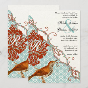 Invitation Vintage Birds Red Endive Mariage damassé