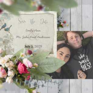 Invitation Vintage Birds Turquoise Bleu Damas Frontières Mari