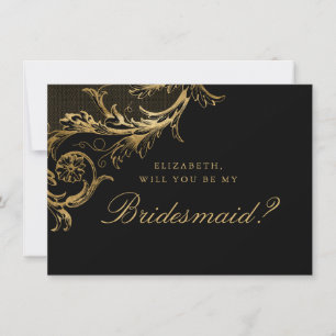 Invitation Vintage Black Gold Floral Damask Script Bridesmaid