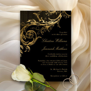 Invitation Vintage Black Gold Floral Damask Script Mariage