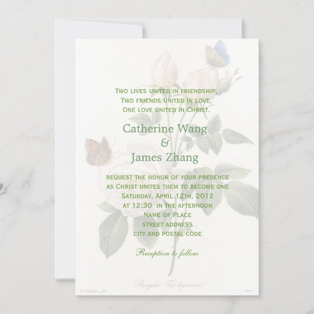 Invitation Vintage blanc fleurs de rose mariage chrétien (Devant)