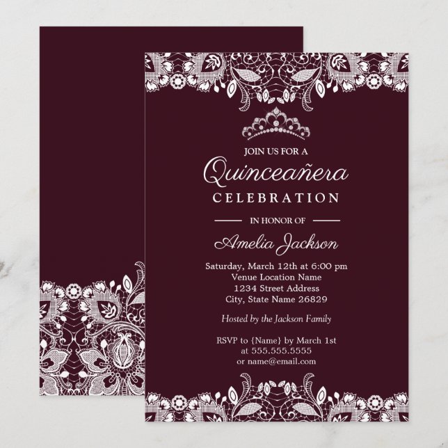 Invitation Vintage Blanche dentelle Bourgogne Quinceanera (Devant / Derrière)