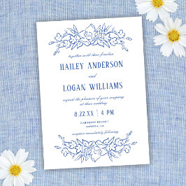 Invitation Vintage Bleu & Blanc Floral Élégant Mariage