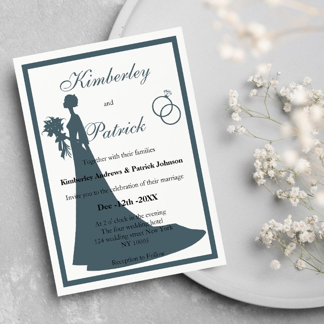 Invitation Vintage bleu blanc mariée Silhouette Mariage (Vintage blue white bride Silhouette Wedding )
