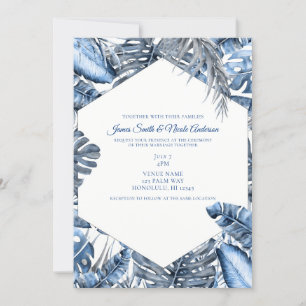 Invitation Vintage bleu et blanc Tropical Palm Feuille Mariag