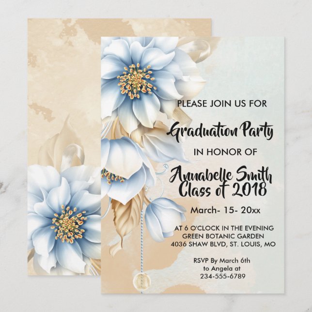 Invitation Vintage Bleu floral Graduation (Devant / Derrière)