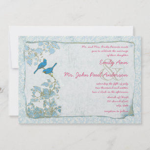 Invitation Vintage Bleu Oiseaux Damask rose Police Mariage In