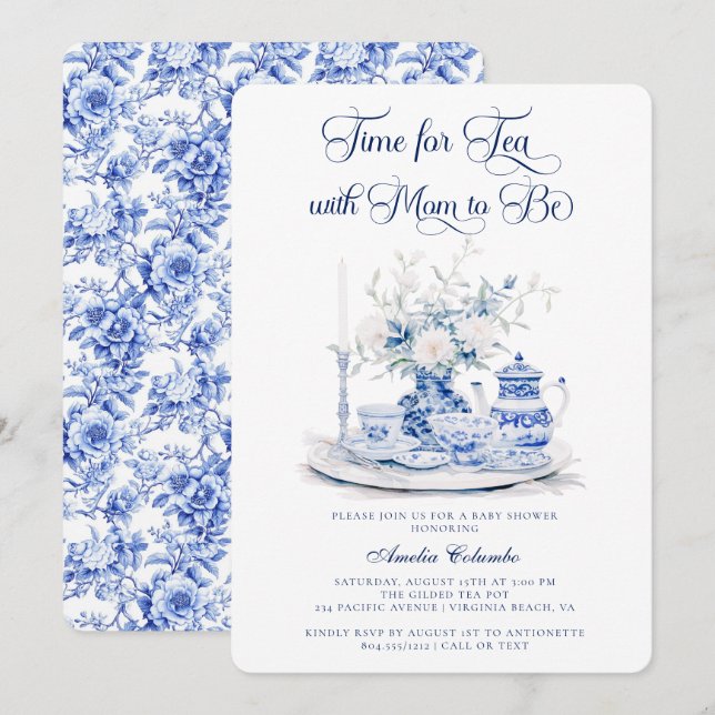 Invitation Vintage Blue Chinnosserie Baby shower Tea Party (Devant / Derrière)