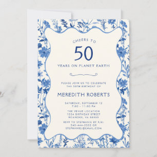 Invitation Vintage Blue Fleurs sauvages 50e fête d'anniversai