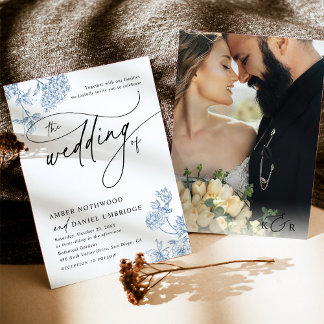 Invitation Vintage Blue Floral Minimaliste Photo Mariage