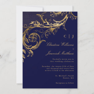 Invitation Vintage Blue Gold Floral Damask Monogram Mariage