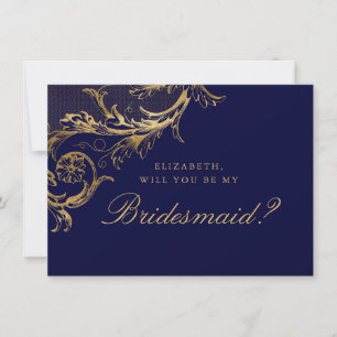 Invitation Vintage Blue Gold Floral Damask Script Bridesmaid