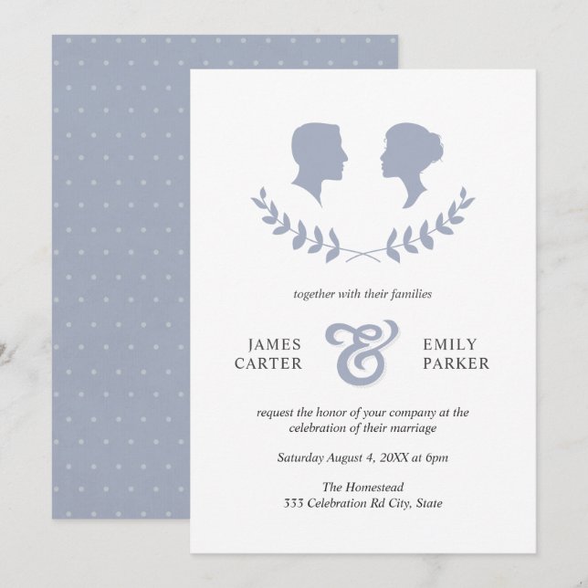 Invitation Vintage Blue Laurel Bride Groom Silhouette Mariage (Devant / Derrière)