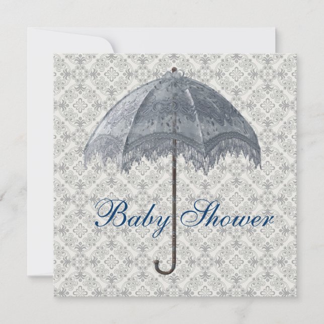Invitation Vintage Blue Parasol Damask Baby Boy Douche (Devant)