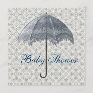 Invitation Vintage Blue Parasol Damask Baby Boy Douche