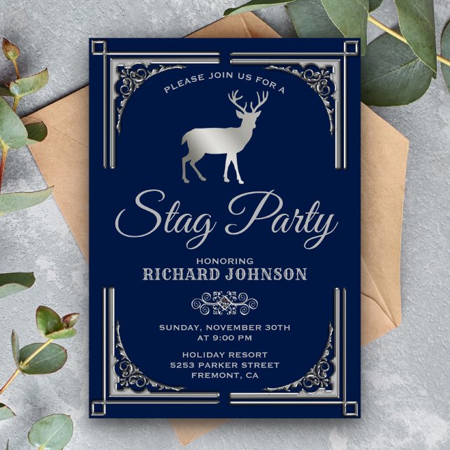 Invitation Vintage Blue Silver Stag (Créateur téléchargé)