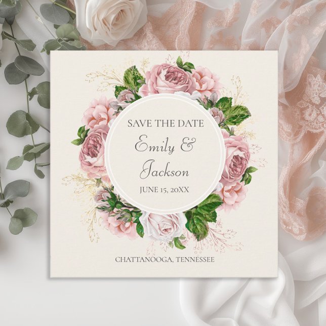 Invitation Vintage Blush Pink Floral Cream Mariage Date de sa (Pink vintage floral wedding Save the Date card)