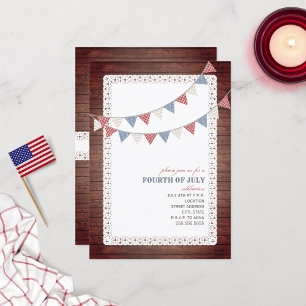 Invitation Vintage Bois Rouge Blanc et Bleu Bunting 4 juillet