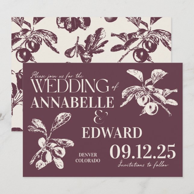 Invitation Vintage Botanical Wedding Plum Burgundy (Devant / Derrière)