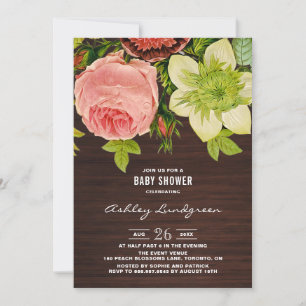 Invitation Vintage Botanique Floral Baby shower Rustique Bois