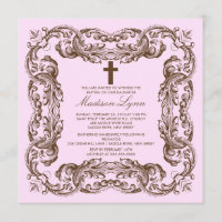Invitation vintage Brown et rose de baptême de