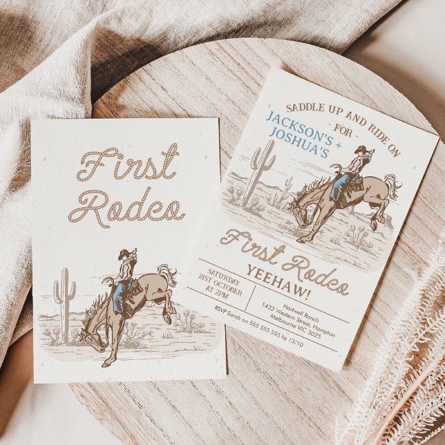 Invitation Vintage Brown Twins Premier Rodéo 1er Anniversaire (Twin Boys First Rodeo Birthday Invitation Bronco Cowboy Rope Text, First Rodeo 1st Birthday Twins)
