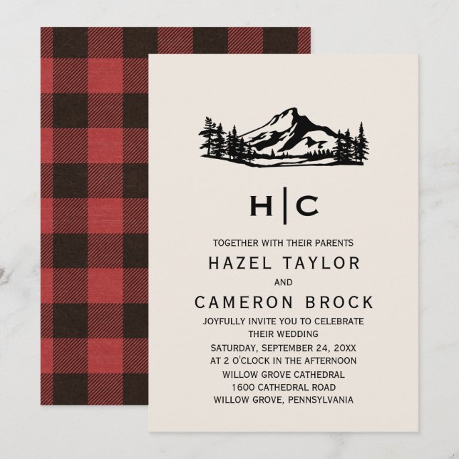 Invitation Vintage Buffalo Plaid Monogramme Mariage (Devant / Derrière)