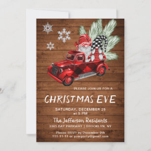 Invitation Vintage Buffalo Red Truck & Gnomes Christmas Eve