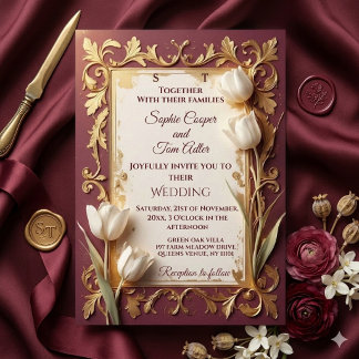 Invitation Vintage Burgundy Gold Baroque Floral Ivory Wedding