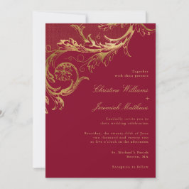 Invitation Vintage Burgundy Gold Floral Damask Script Mariage