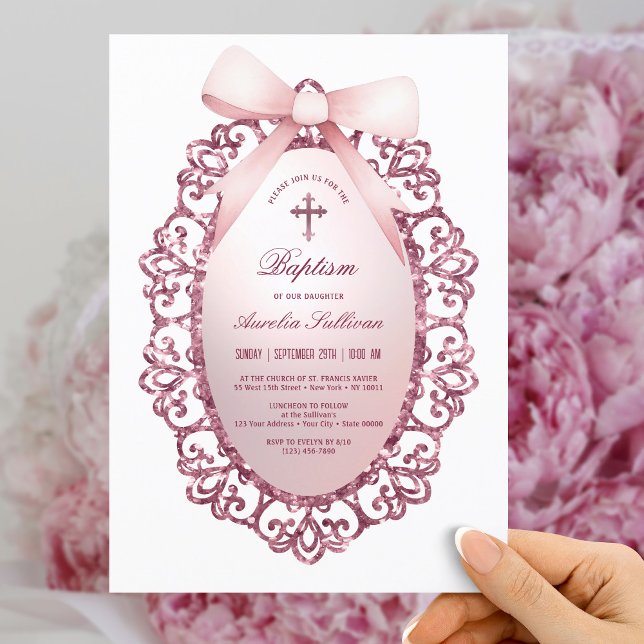 Invitation Vintage cadre de Parties scintillant rose Bow Bapt (Créateur téléchargé)
