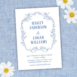 Invitation Vintage Cadre Floral Bleu Mariage élégant