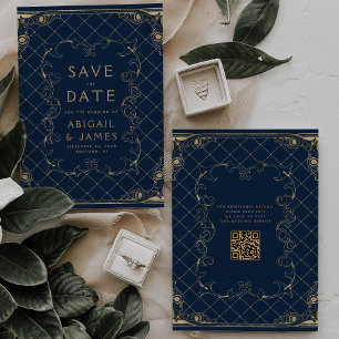 Invitation Vintage cadre Marine Blue Gold Wedding Enregistrer